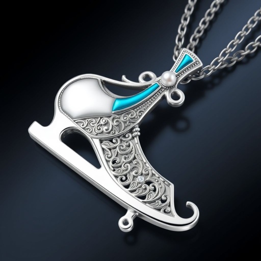 Silver pendant in the shape of ice skating blades with a turquoise stripe within the blade
