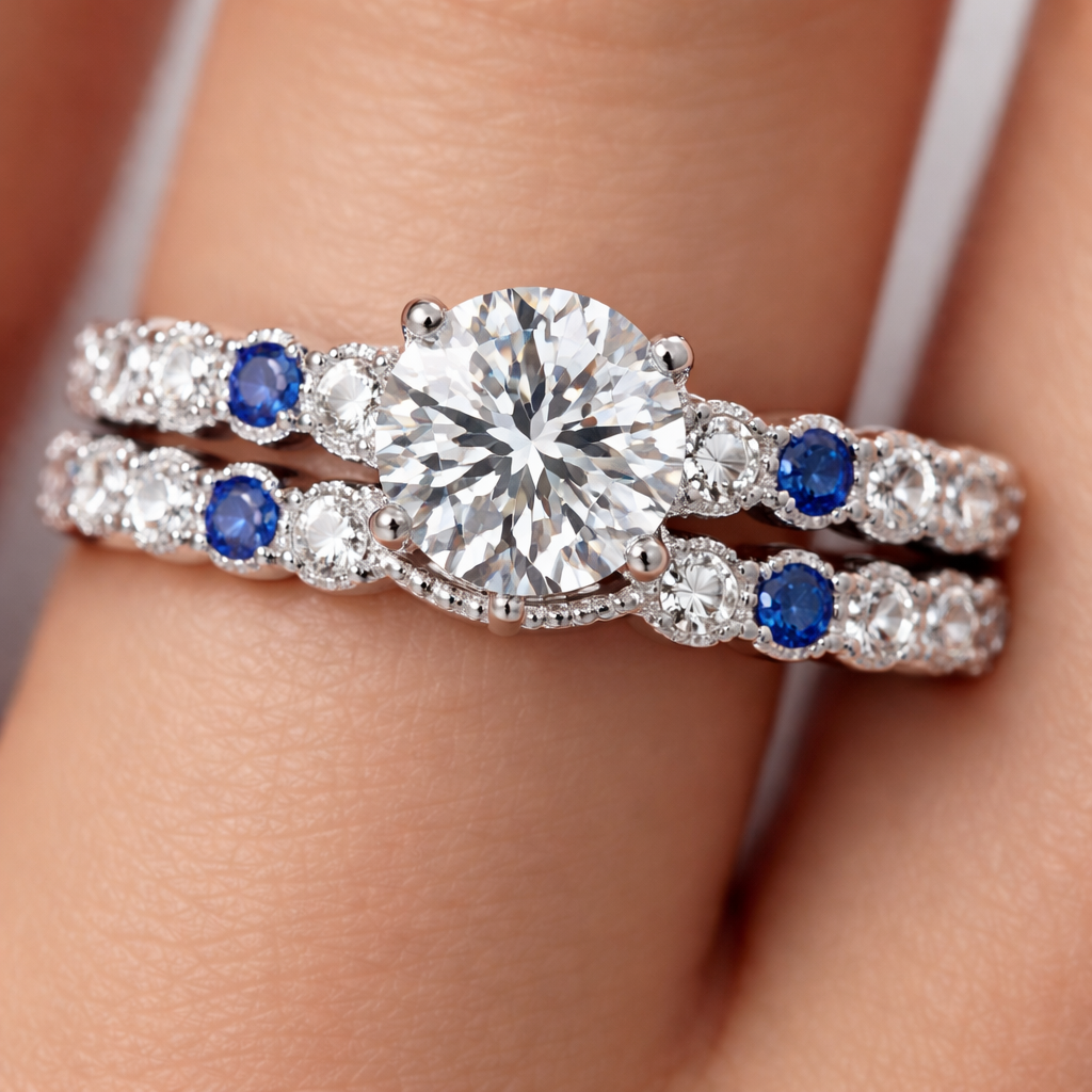 Need two diamond bands on either side of my engagement ring. Have 6 diamonds and 2 sapphire stones