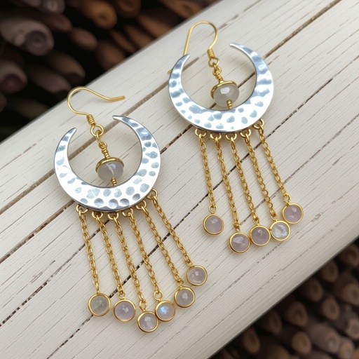 Серебряные серьги словно мятое серебро полумесяц вертикальный 2 см, сверху крепится к швензе. От полумесяца идет три цепочки золотого цвета, у каждой на конце мелкий камушек лунный камень