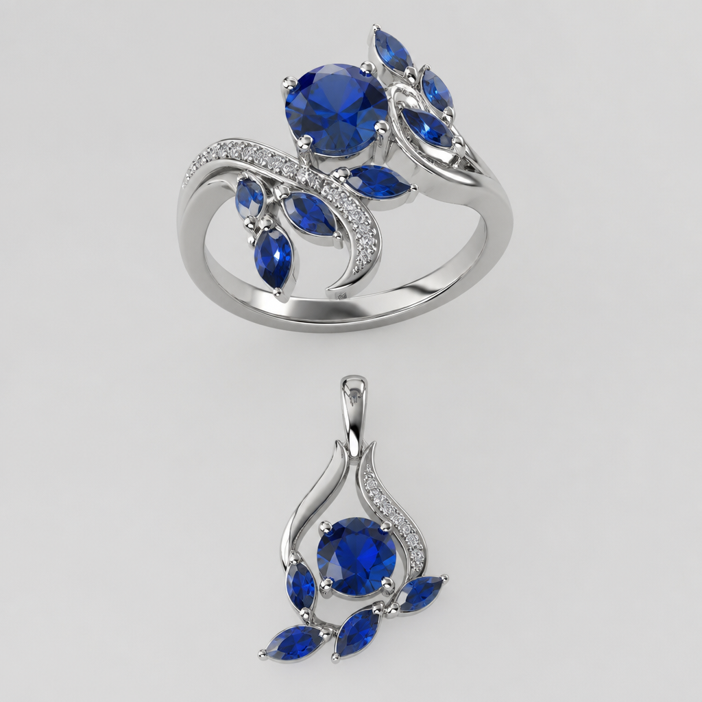 A women's ring with sapphire stones. pendentif en argent
photorealistic jewelry design, A women's ring with sapphire stones. pendentif en argent, modern style, just the design no text