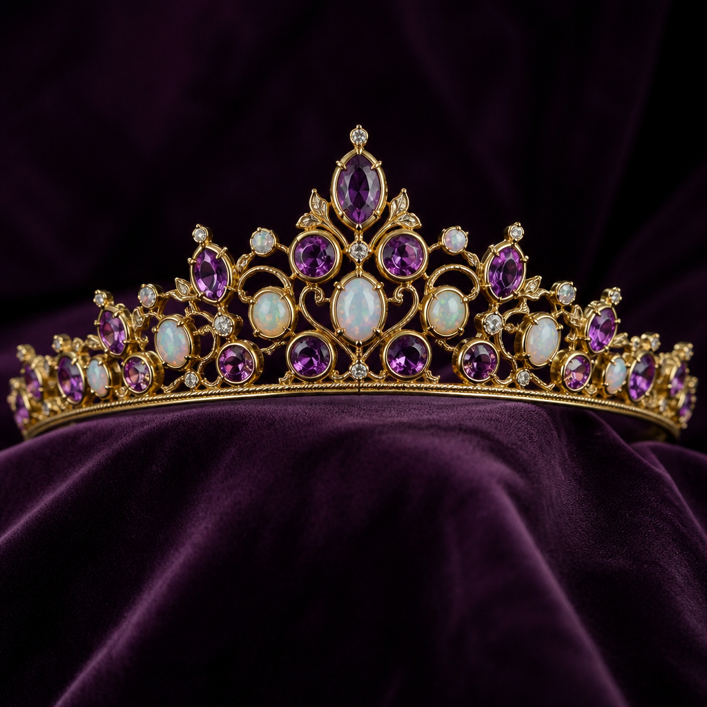 A bezel-set women's tiara made of gold with amethyst and opal stones suitable for formal, highly ornate, intricate and elaborate, richly detailed. delicado y sencillo
photorealistic jewelry design, A bezel-set women's tiara made of gold with amethyst and opal stones suitable for formal, highly ornate, intricate and elaborate, richly detailed. delicado y sencillo, bezel_set style, just the design no text