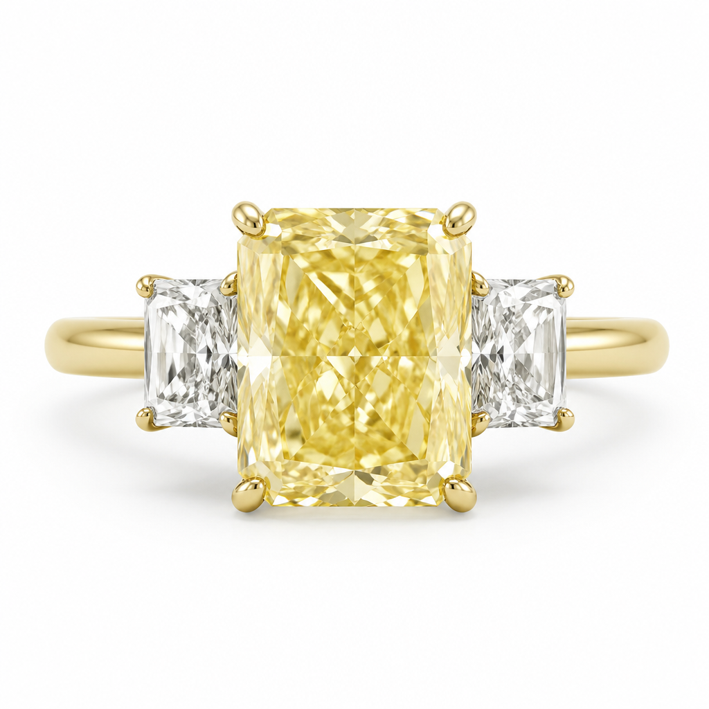 3 ct yellow diamond engagement ring rectangle cut with 2 white 0.5 ct diamonds on side on yellow band
photorealistic jewelry design, 3 ct yellow diamond engagement ring rectangle cut with 2 white 0.5 ct diamonds on side on yellow band
, just the design no text