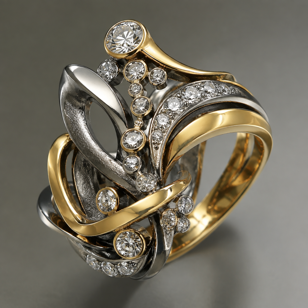 A avant-garde women's ring made of mixed metal with diamond stones. 34 diamonds ranging in size, but no larger than .25 of a carat
photorealistic jewelry design, A avant-garde women's ring made of mixed metal with diamond stones. 34 diamonds ranging in size, but no larger than .25 of a carat, avant_garde style, just the design no text