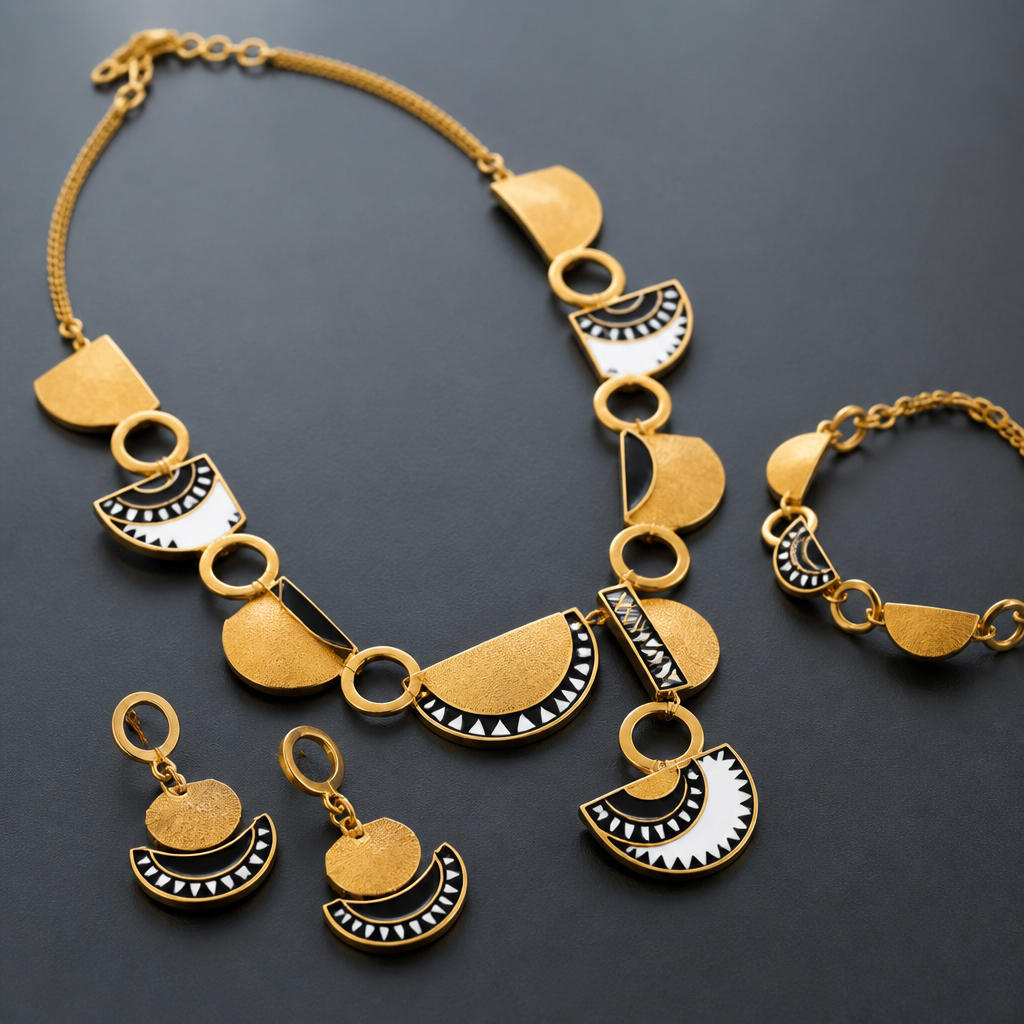 Prompt: A luxurious 21k gold jewelry set consisting of a necklace, bracelet, and earrings. The design is a sophisticated blend of semicircles and circular rings. The gold has a rich, deep yellow color with a distinct matte texture and soft satin finish. Decorated with intricate, delicate enamel work (enameling) in contrasting solid black and pure white colors. High-end jewelry design, professional macro photography, soft studio lighting highlighting the matte gold texture and sharp enamel details, minimalist dark grey background, 8k resolution. --ar 4:3 --v 6.0