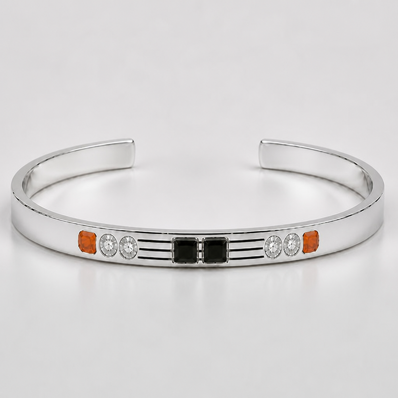 A women's bracelet made of silver. make the gap between the orange stone and clear stone smaller so they become closer without changing the stones sizes
using the attached image as a visual reference, create A women's bracelet made of silver. make the gap between the orange stone and clear stone smaller so they become closer without changing the stones sizes. photorealistic, just the design no text