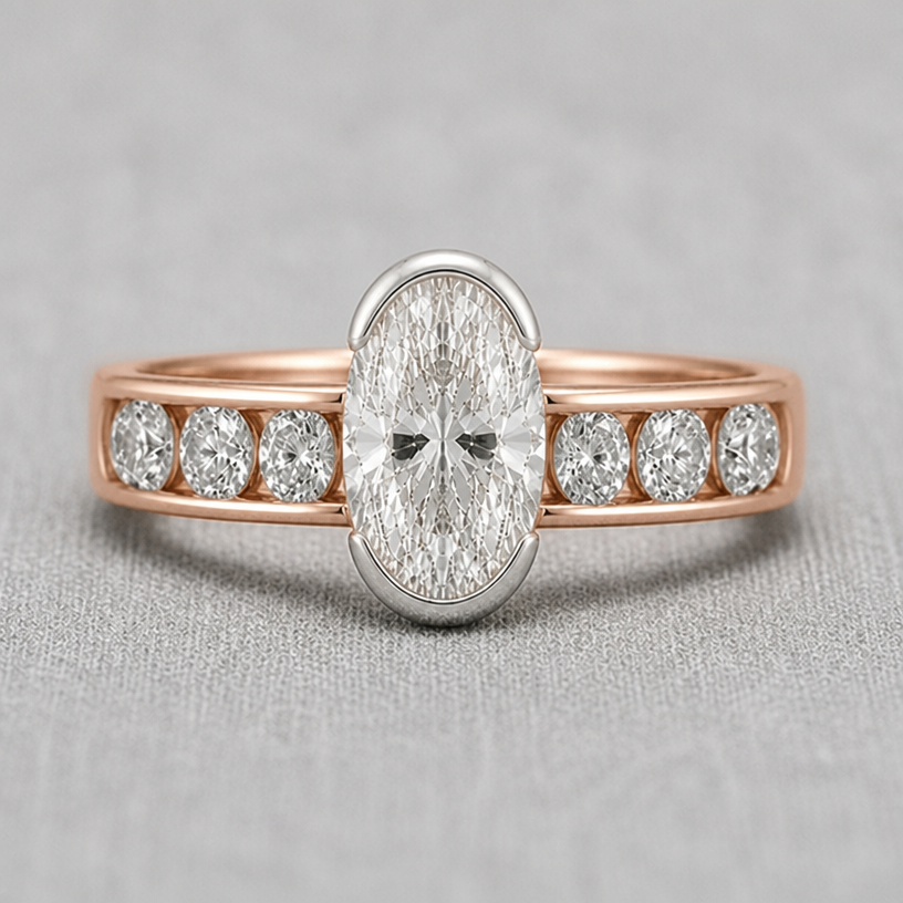 oval accent stones not round
assume 3mm in length per oval stone
the main oval is 16mm in length, 11mm in width
edit the attached jewelry design with these instructions: oval accent stones not round
assume 3mm in length per oval stone
the main oval is 16mm in length, 11mm in width. keep it photorealistic, just the design no text