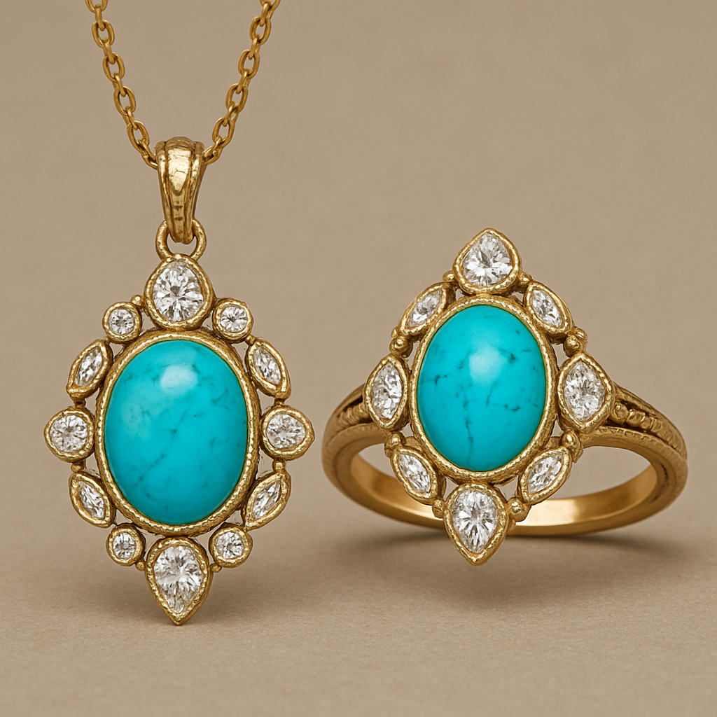 to unique design a pendant and a ring featuring the main turquoise incorporating round, marquise, and pear-shaped diamonds as additional elements. more unique