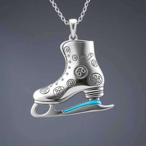 Silver Pendant shape one ice skate with turquoise stripe inside the low thin part blade