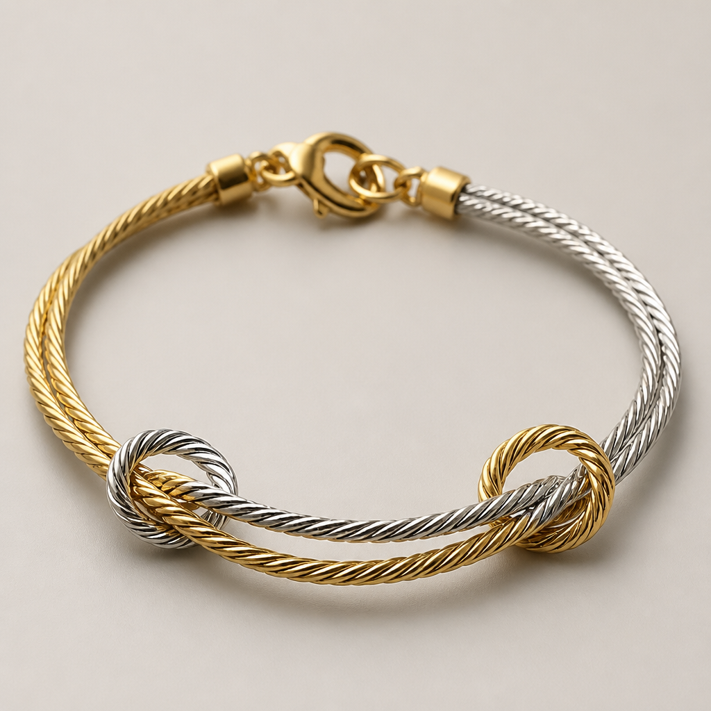 I want you to make me a bracelet from two separate ropes that connect in two loops.
photorealistic jewelry design, I want you to make me a bracelet from two separate ropes that connect in two loops., modern style, just the design no text