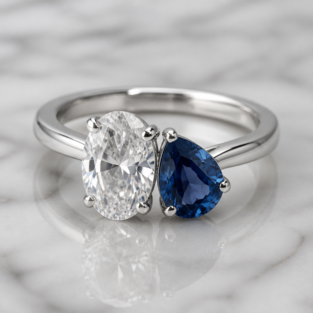 PROMPT
Public
A sterling silver ring two stones: 1.46 carat oval white clear diamond and 1.61 carat pear cut blue sapphire
photorealistic jewelry design, PROMPT
Public
A sterling silver ring two stones: 1.46 carat oval white clear diamond and 1.61 carat pear cut blue sapphire , minimalist style, just the design no text