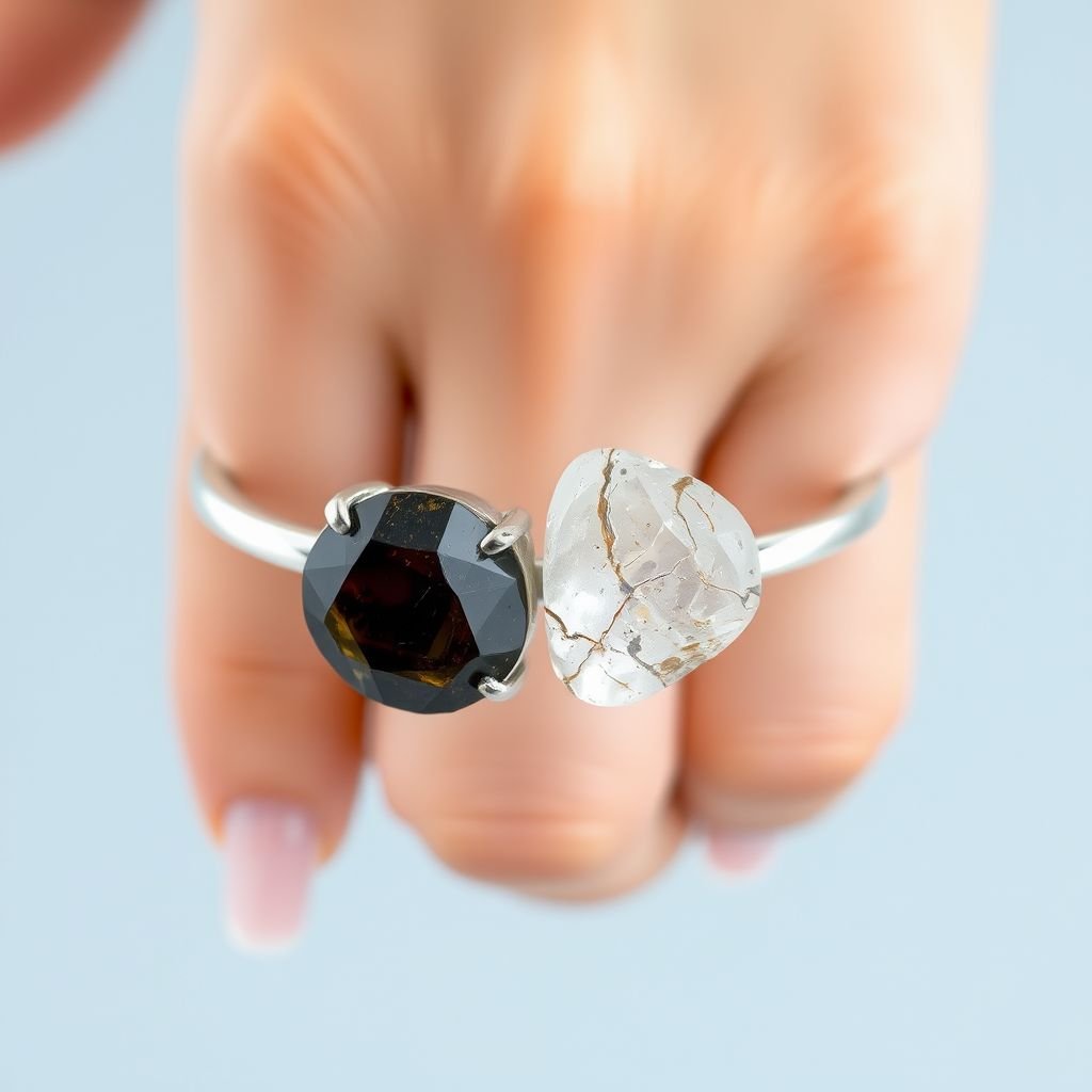 Craft a minimalist silver adjustable ring that delicately embraces the finger. Feature two striking raw natural gemstones—allowing their organic textures and colors to stand out. The design exudes earthy elegance, merging modern style with raw, untamed nature.