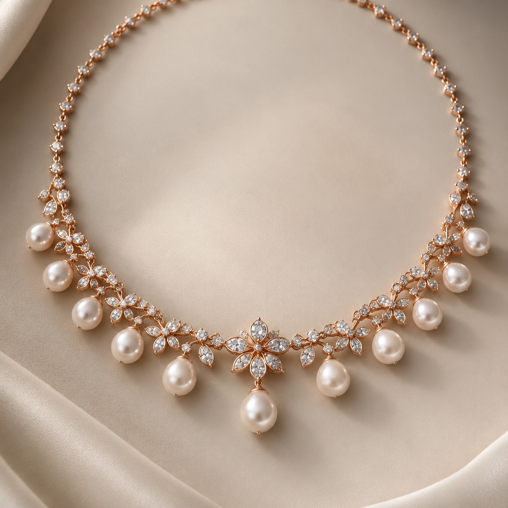 A pearl-adorned women's necklace made of rose gold with diamond stones
photorealistic jewelry design, A pearl-adorned women's necklace made of rose gold with diamond stones, pearl_adorned style, just the design no text