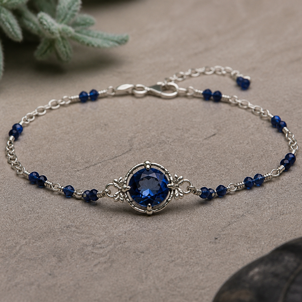 A nature-inspired women's bracelet made of silver with sapphire stones. un bracciale fatto con perline di cristallo sfaccettato di un colore blu notte alternato a una catenina argentata. il gioiello deve essere fatto a mano e al centro esatto deve esserci una pietra poi grande blu
photorealistic jewelry design, A nature-inspired women's bracelet made of silver with sapphire stones. un bracciale fatto con perline di cristallo sfaccettato di un colore blu notte alternato a una catenina argentata. il gioiello deve essere fatto a mano e al centro esatto deve esserci una pietra poi grande blu, nature_inspired style, just the design no text