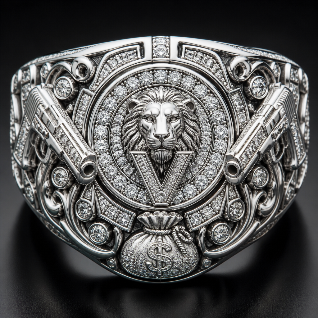 A men's ring made of silver with diamond stones, highly ornate, intricate and elaborate, richly detailed. 2 armas, una bolsa de dinero y en el centro un león y la letra v rodeado de diamantes
photorealistic jewelry design, A men's ring made of silver with diamond stones, highly ornate, intricate and elaborate, richly detailed. 2 armas, una bolsa de dinero y en el centro un león y la letra v rodeado de diamantes, modern style, just the design no text