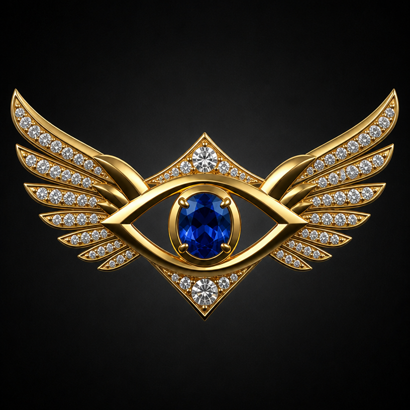 Maintain the exact silhouette of a stylized falcon eye with layered angular wings extending horizontally from both sides, featuring a central blue sapphire iris, perfectly symmetrical proportions, sharp elegant lines, and a modern luxury aesthetic inspired by high-end fine jewelry.
edit the attached jewelry design with these instructions: Maintain the exact silhouette of a stylized falcon eye with layered angular wings extending horizontally from both sides, featuring a central blue sapphire iris, perfectly symmetrical proportions, sharp elegant lines, and a modern luxury aesthetic inspired by high-end fine jewelry.. keep it photorealistic, just the design no text