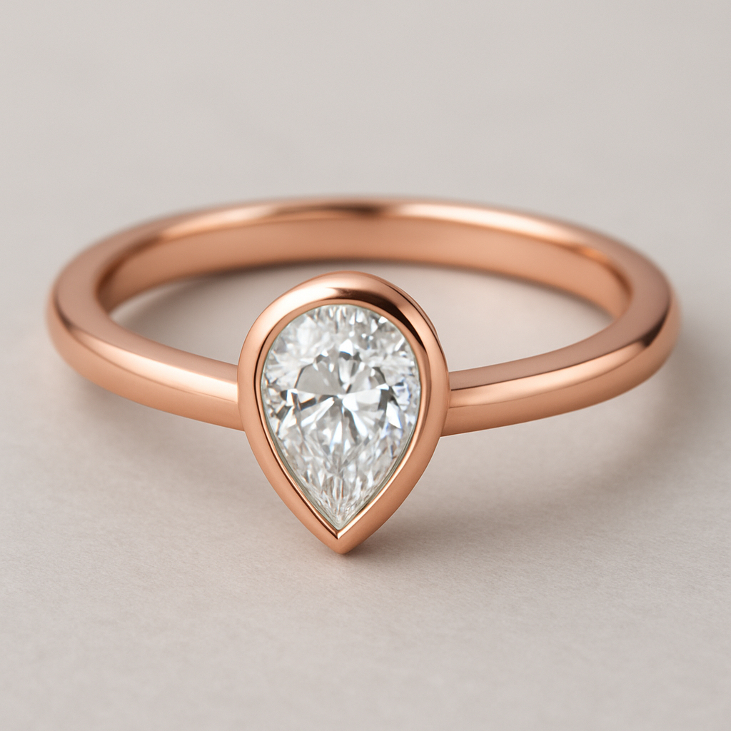 Jewelry Description: A modern and elegant rose gold ring featuring a central pear-shaped diamond. The diamond is set in a smooth, closed bezel setting that fully encircles the stone, emphasizing its graceful teardrop silhouette. The ring band is crafted in polished rose gold with a uniform, slightly rounded profile, giving it a clean and contemporary look.  Key Features: 	•	Metal: Rose gold 	•	Setting type: Bezel setting 	•	Center stone: Diamond 	•	Stone cut: Pear shape 	•	Style: Minimalist, elegant, modern  Intended Use: Luxury or engagement ring with a refined, contemporary design.