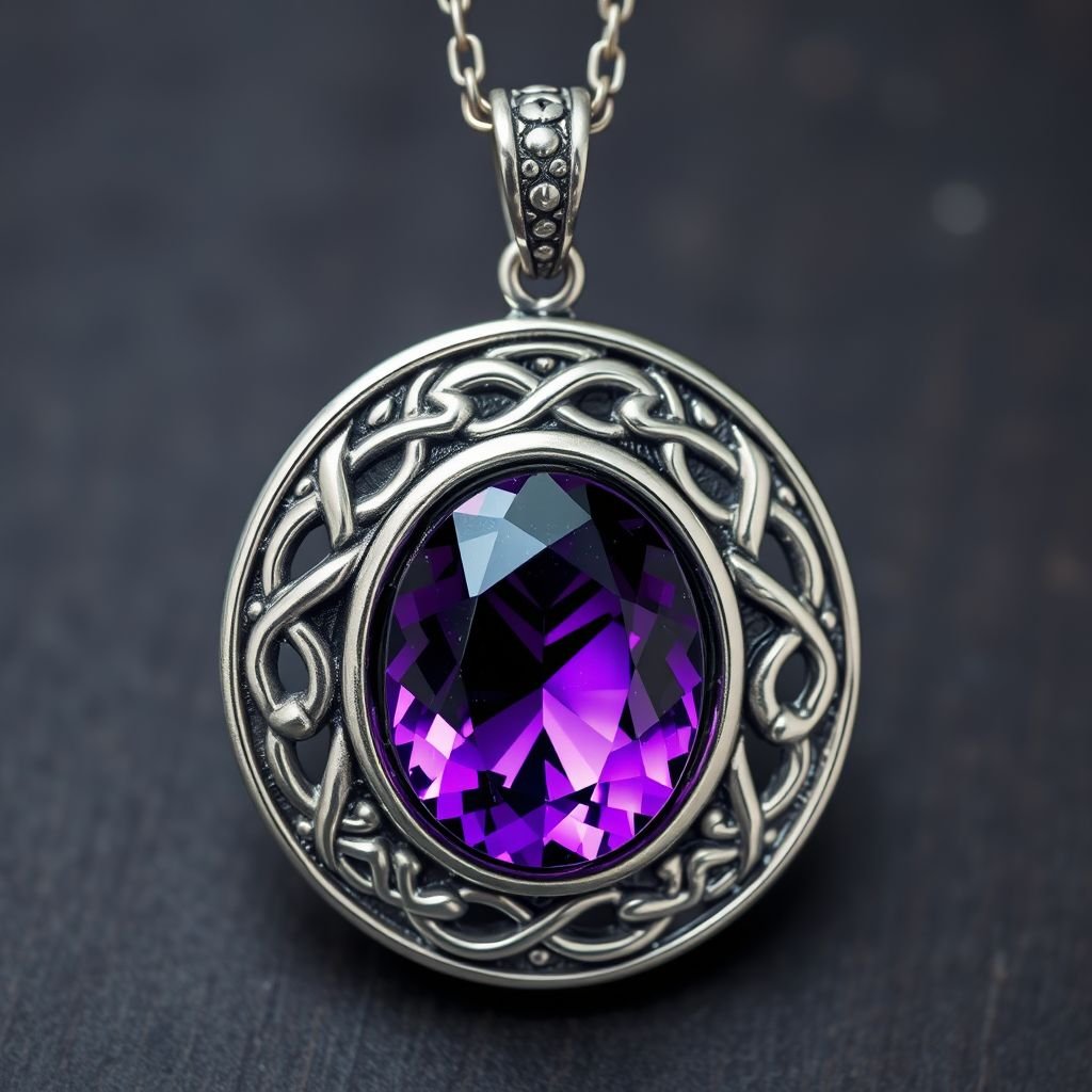 Oval cut 6k purple amethyst gemstone amulet FFL with silver chain 