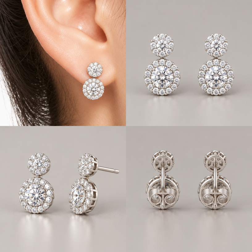 A women's earrings, minimalist, simple and delicate, clean lines. แก้ไขเฉพาะส่วนของต่างหูชิ้นล่างที่อยู่ภายในวงกลมสีแดงในภาพต้นฉบับ โดยปรับรูปแบบการประดับเพชรให้เป็น เพชรเม็ดเดี่ยวล้อม 1 ชุด (Single Center Stone with One Halo) โดยมีเพชรเม็ดกลาง 1 เม็ด และมีเพชรเม็ดเล็กเรียงล้อมรอบเพชรเม็ดกลางเพียง 1 ชั้นอย่างสมมาตร ให้มีรูปทรงและสัดส่วนสวยงาม ดูหรูหราและสามารถผลิตเป็นเครื่องประดับจริงได้, 4view
using the attached image as a visual reference, create A women's earrings, minimalist, simple and delicate, clean lines. แก้ไขเฉพาะส่วนของต่างหูชิ้นล่างที่อยู่ภายในวงกลมสีแดงในภาพต้นฉบับ โดยปรับรูปแบบการประดับเพชรให้เป็น เพชรเม็ดเดี่ยวล้อม 1 ชุด (Single Center Stone with One Halo) โดยมีเพชรเม็ดกลาง 1 เม็ด และมีเพชรเม็ดเล็กเรียงล้อมรอบเพชรเม็ดกลางเพียง 1 ชั้นอย่างสมมาตร ให้มีรูปทรงและสัดส่วนสวยงาม ดูหรูหราและสามารถผลิตเป็นเครื่องประดับจริงได้, 4view. photorealistic, just the design no text