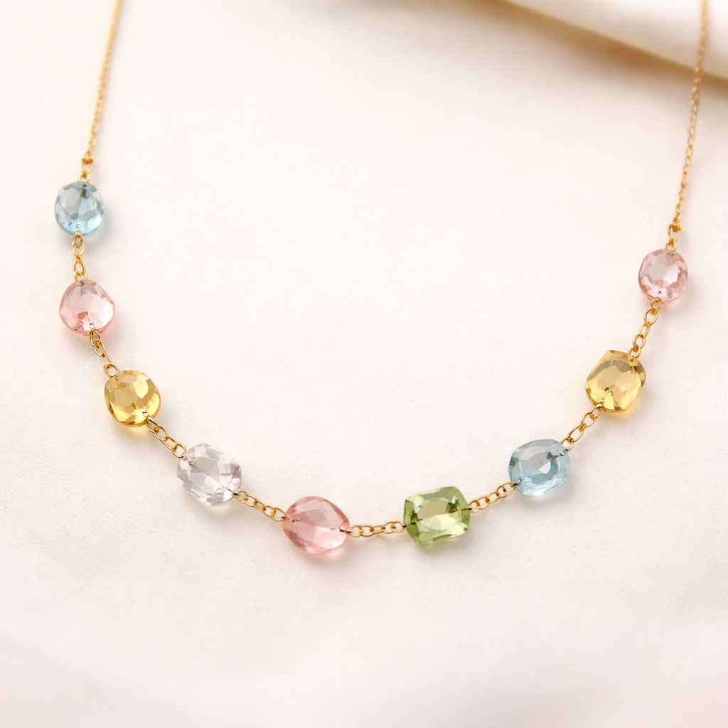 18 inch Gemstone necklace with gold chain that connects the stones. Colorful gemstones that are light blue, pink, yellow, clear, and green. May the gemstones be 6 mm and different shapes
18 inch Gemstone necklace with gold chain that connects the stones. Colorful gemstones that are light blue, pink, yellow, clear, and green. May the gemstones be 6 mm and different shapes , minimalist style