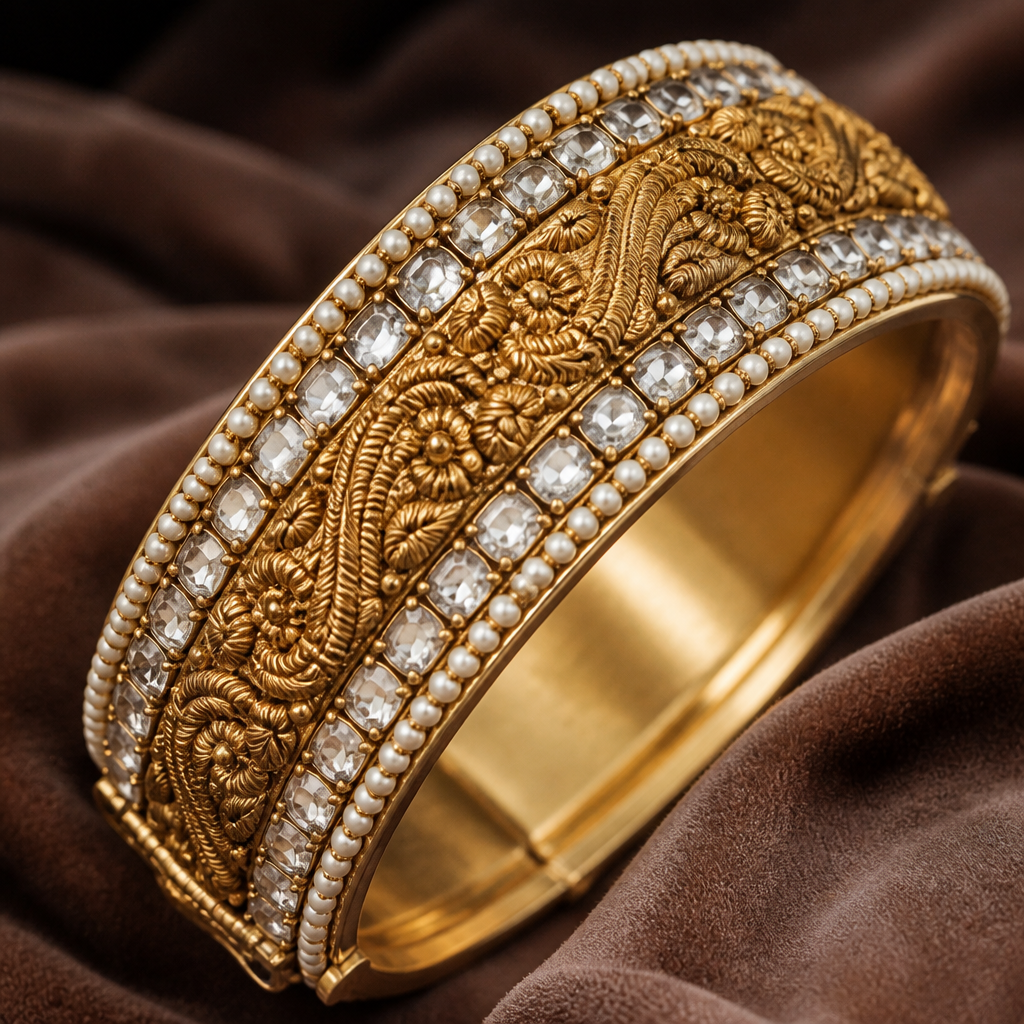 A close-up, high-detail jewelry design shot of a wide, vintage-style Indian Kada (bangle). The center of the Kada features an intricate, raised line of golden embroidery-style metalwork (Zardosi-inspired texture). Flanking this golden center on both sides is a single, precise row of sparkling silver stones (crystals). Bordering the outer edges of the silver stones are rows of delicate, ultra-small, zero-size white seed pearls (moti). The overall metal has a slightly aged, antique gold finish to give it an authentic vintage look. Shot on a soft velvet background with elegant studio lighting to highlight the craftsmanship.