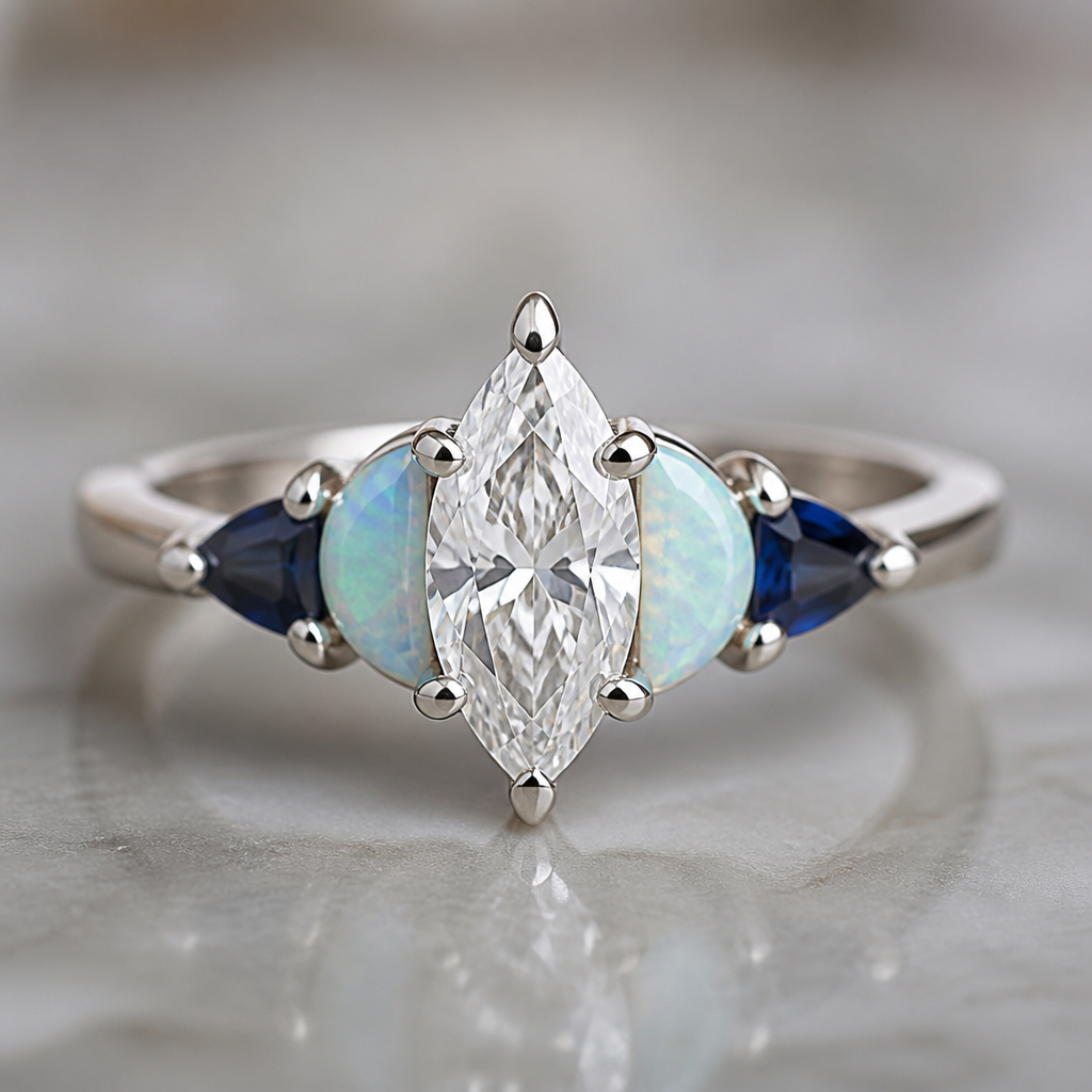 A women's ring with diamond and sapphire and opal stones suitable for engagement
photorealistic jewelry design, A women's ring with diamond and sapphire and opal stones suitable for engagement, modern style, just the design no text