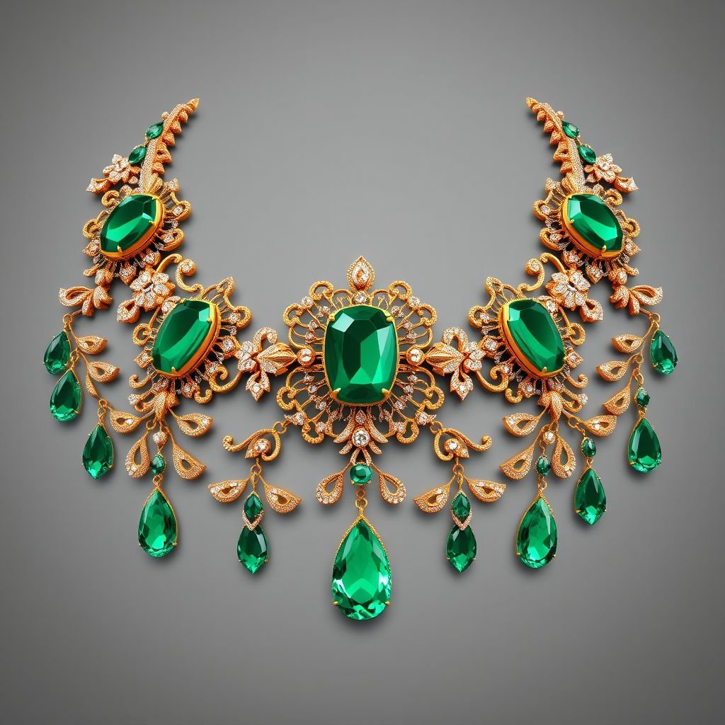 Heavy necklace of golden and green diamonds
