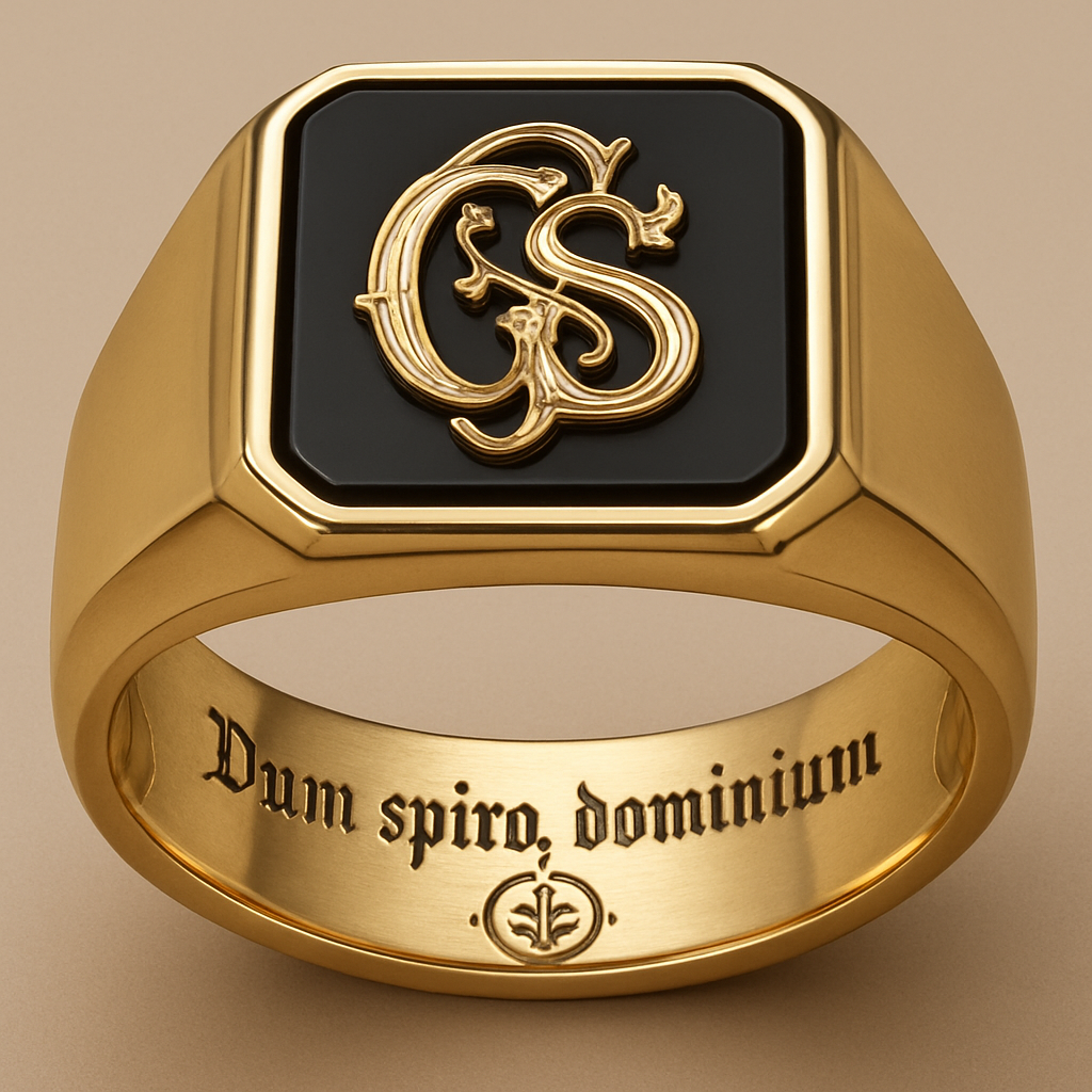 Solid gold ring with polished finish. Rectangular black onyx in bezel setting. A detailed golden ‘GS’ monogram placed on top of the onyx. Under the stone: engraved sigil (insert reference). Inside the band: engraving ‘Dum spiro, dominium’. Style: bold, regal, mystical, handcrafted, clean strong proportions.”