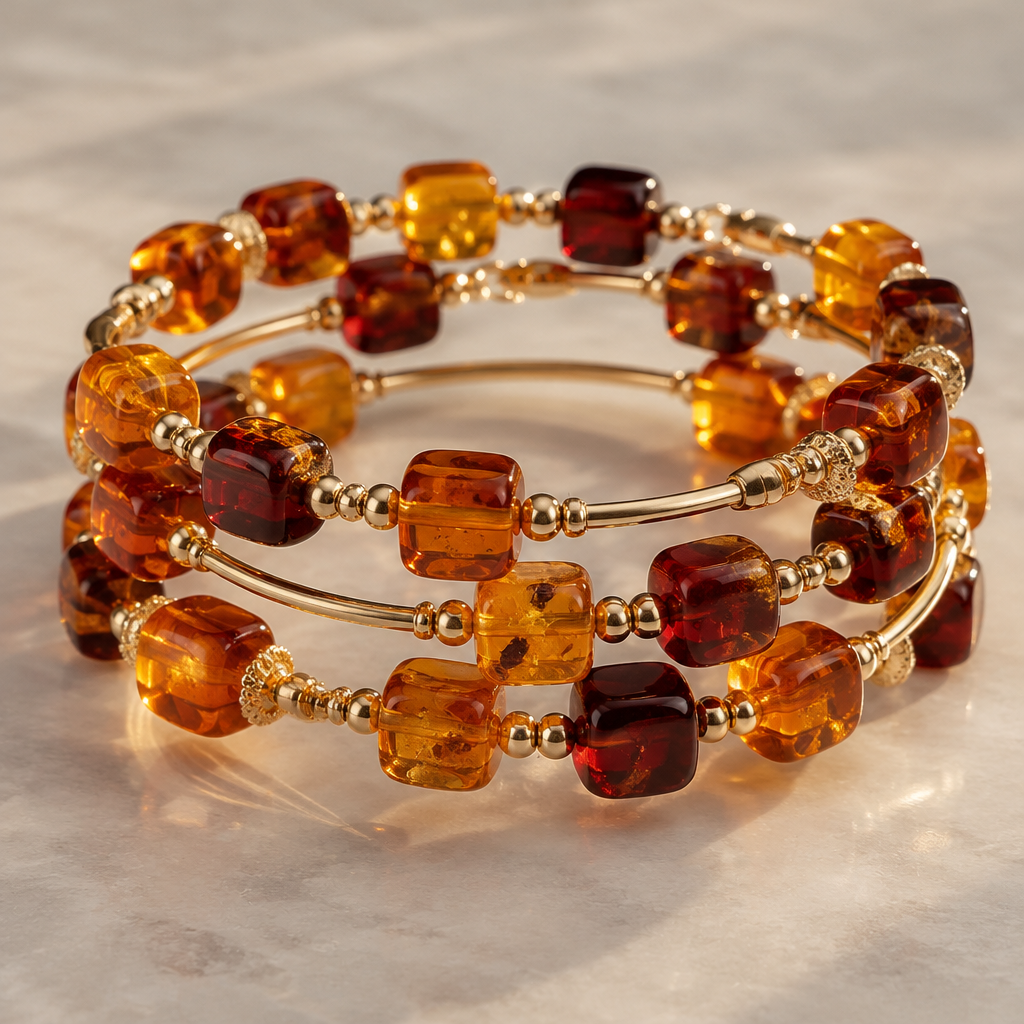A stackable women's bracelet made of gold with garnet and topaz stones. Браслет на мемори проволоки многорядный , камень янтарь, форма бусины кубик 7×7мм
photorealistic jewelry design, A stackable women's bracelet made of gold with garnet and topaz stones. Браслет на мемори проволоки многорядный , камень янтарь, форма бусины кубик 7×7мм, stackable style, just the design no text