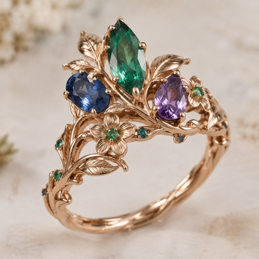 A nature-inspired women's ring made of rose gold with emerald and sapphire and amethyst stones
photorealistic jewelry design, A nature-inspired women's ring made of rose gold with emerald and sapphire and amethyst stones, nature_inspired style, just the design no text