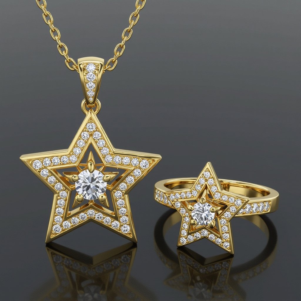 Unique concept and contemporary star Geomatric architecture star pendant and ring set that's representing architecture and eddy style and modern voulume of diamonds