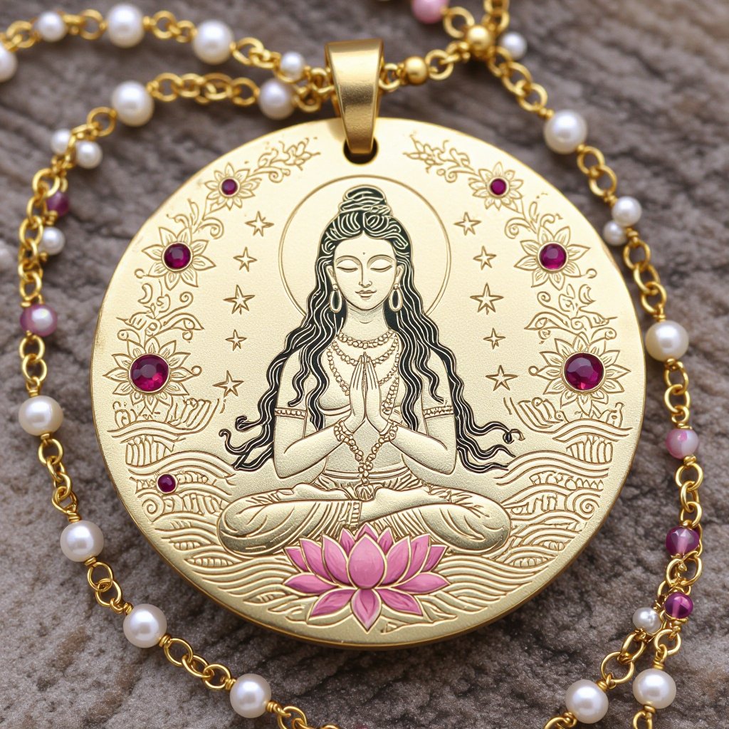 Кулон на длинной цепочке. Матовое светлое золото. В цепочке небольшие золотые шарики и розовые камушки и жемчуга. Кулон в форме неровного мятого круга. На круге изображена девушка с длинными волосами лица не видно в молитве и позе лотоса нечетко. Круг украшен лотосами звездами волнами узорами