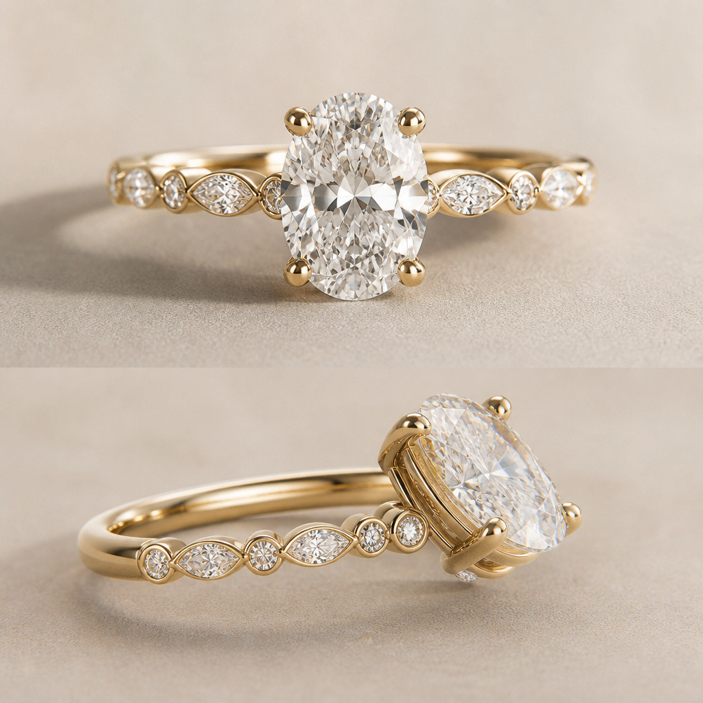 Half band with alternating mini marquise and round diamonds on band with oval diamond one carat with hidden diamond bezel
photorealistic jewelry design, Half band with alternating mini marquise and round diamonds on band with oval diamond one carat with hidden diamond bezel
, contemporary style, just the design no text