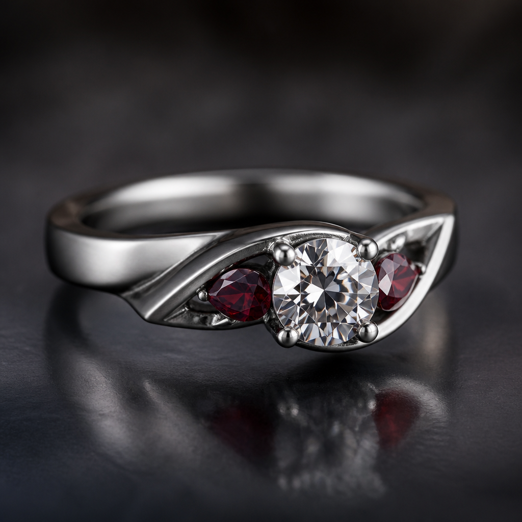 A women's ring made of titanium with diamond and garnet stones suitable for engagement
photorealistic jewelry design, A women's ring made of titanium with diamond and garnet stones suitable for engagement, modern style, just the design no text