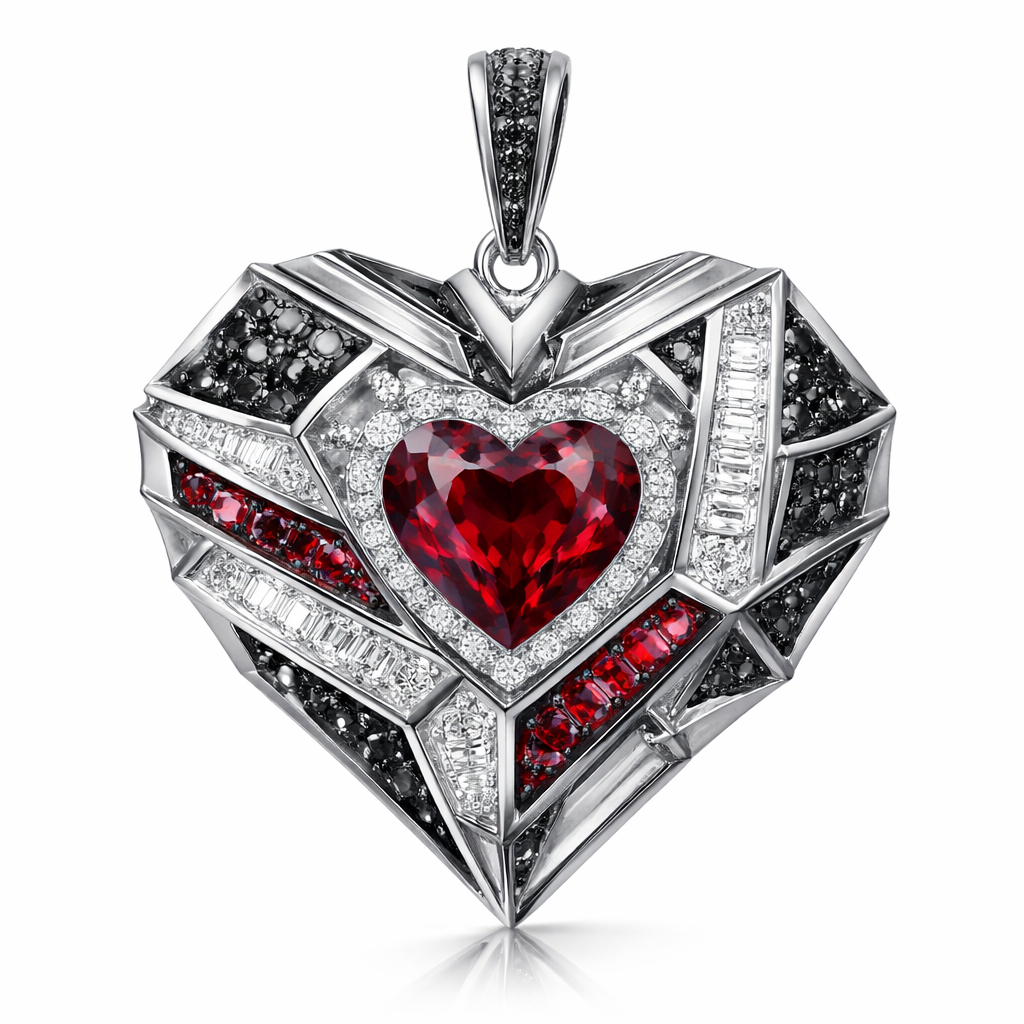 Geomatric heart pendant of architecture and modern shape and edges shapes of bold style with white diamond and ruby and black diamonds