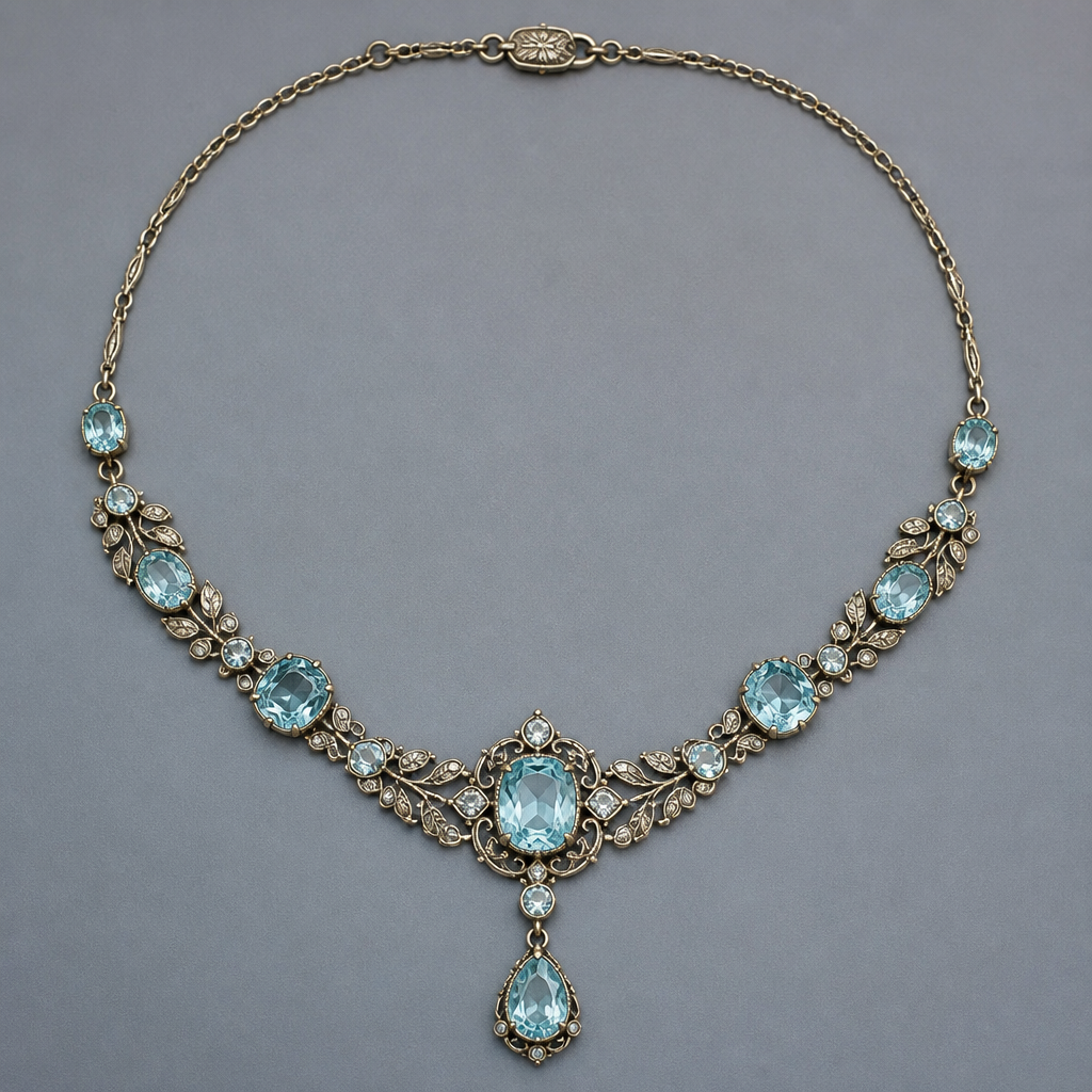 A vintage women's necklace with aquamarine stones
photorealistic jewelry design, A vintage women's necklace with aquamarine stones, vintage style, just the design no text
