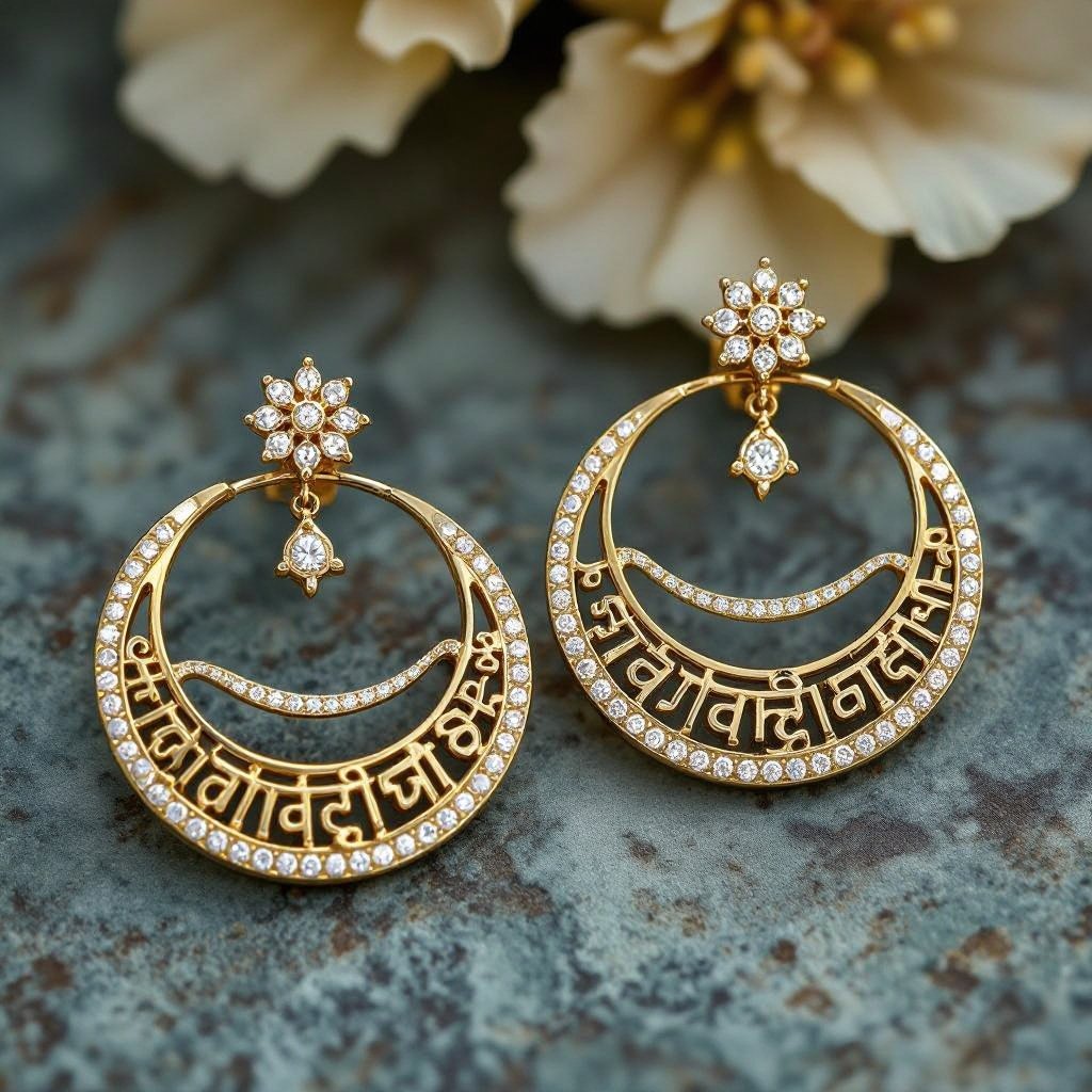 Серьги золотые в форме полумесяца с мантрами на санскрите