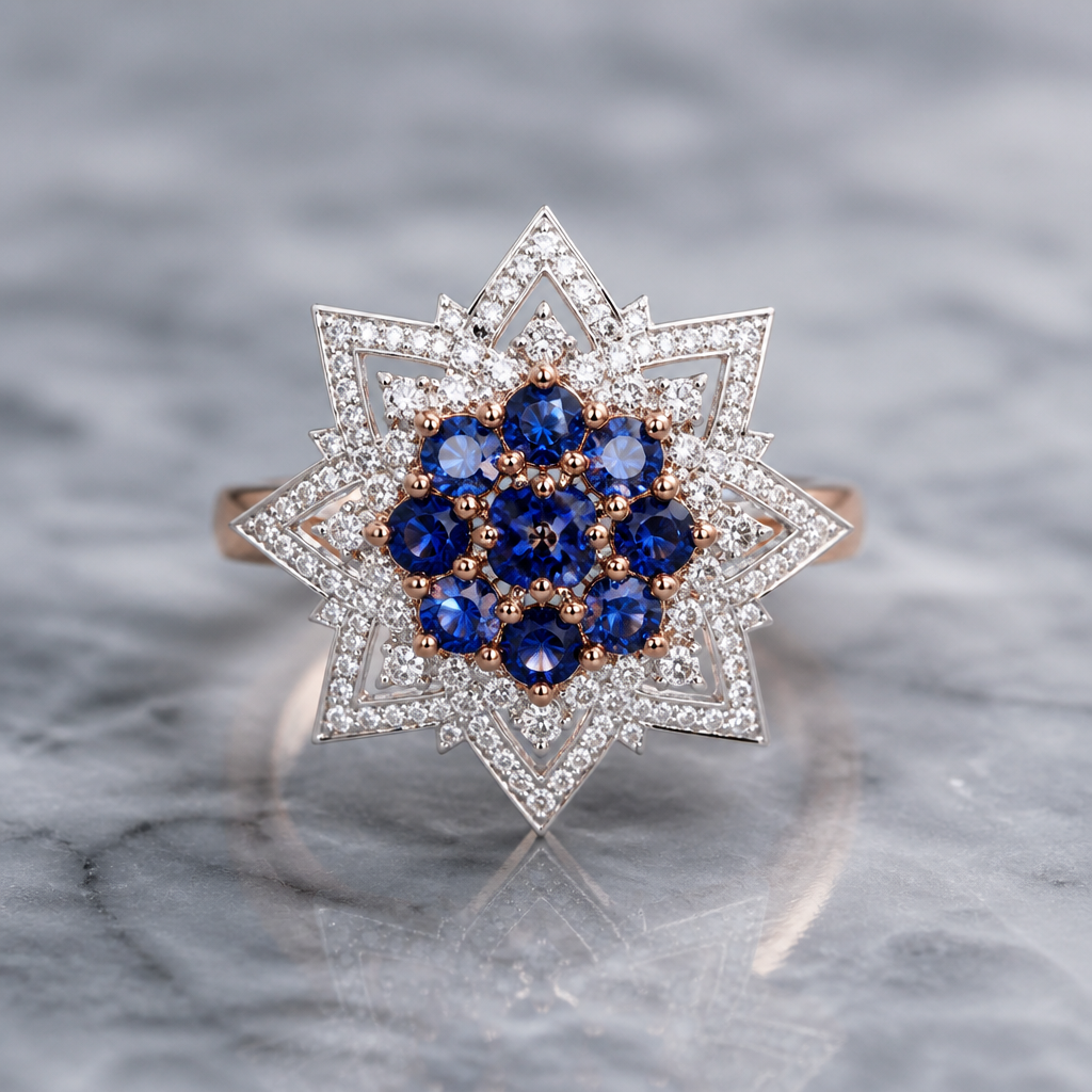 Here are detailed prompts to create new images of that specific ring design, starting with a clean, professional product shot and then moving into more varied and creative scenarios to give you a full collection of different visuals.
### 1. The Ultra-Detailed, Professional Product Shot (Master Prompt)
*This prompt is designed to create a flawless, high-end commercial photo, removing the hand and social media clutter to focus solely on the intricate design.*
> **A photorealistic, hyper-detailed commercial product shot of a magnificent snowflake cocktail ring, based on the design seen in image_0.png. The ring is presented resting centrally on a polished, cold grey marble surface. The ring features a two-tone construction with a central cluster of intensely saturated, multi-faceted blue sapphires (arranged in a central circular cluster) set in rose gold prongs. The geometric, star-shaped snowflake frame (an 8-pointed star) is made of platinum or white gold and is completely pave-set with numerous brilliant-cut colorless diamonds, matching the detailed geometry of image_0.png. The scene is lit with soft, professional diffused studio lighting from three angles to create sparkle in every facet, making the sapphires glow with deep blue light. The focus is critically sharp on the diamond work and the sapphire cluster. The depth of field is very shallow, so the back curve of the ring shank and the distant marble texture are softly blurred. The metal finishes (polished rose gold, matte and pavé platinum) are perfectly rendered. Clean, cool-toned color grading.**
>
### 2. Variation: On a New Model with Lifestyle Elements
*This variation puts the ring back on a hand but with more personality, varied skin tone, and contextual props.*
> **A close-up photograph of the specific two-tone blue sapphire and diamond snowflake ring (from image_0.png), worn on the ring finger of a model with deep caramel-toned skin. The model's hand has clean, neutral-toned polish (like a matte mocha) and is gently resting on the edge of a high-end leather bound notebook and a pair of designer eyeglasses, suggesting a sophisticated office or cafe setting. The background is a soft, warm bokeh of a cozy study. The lighting is diffused, natural window light from the side, making the diamonds sparkle warmly. The focus is sharp on the intricate ring. Shot at eye-level.**
>
### 3. Variation: Dramatic, Low-Key (Dark) Background
*This creates a high-contrast, "jewelry in the deep" feel, which is excellent for highlighting sapphire color and diamond brilliance.*
> **A high-contrast, low-key macro photograph of the sapphire and diamond snowflake ring from image_0.png. The ring is set against an inky, matte black velvet background. One powerful, focused spotlight is directed at the ring from a low angle, causing the blue sapphires to blaze with intense blue color and the diamond snowflake frame to fracture the light into prismatic sparkles. The rose gold settings of the central sapphires are a warm contrast to the platinum diamond frame. The rest of the scene falls into deep shadow. The ring appears to float, creating a sense of dramatic mystery and luxury.**
>
### 4. Variation: "Icy" Theme Macro
*This prompt plays with the ring's design name (Snowflake) by using realistic, yet safe, elements for a unique shot.*
> **An extreme macro, close-up photograph of the blue sapphire snowflake ring (image_0.png). The ring is presented not on a surface, but nestled into a collection of real, miniature, pristine ice crystals (simulated snow, clean and food-safe). The background is a cool, soft, out-of-focus winter forest scene with hints of frosted blue-grey and white. The lighting is cold, clean, and bright (simulating an overcast winter day), making the blue sapphires appear icy and deep, and the diamonds look like frozen dew. Focus is tack-sharp on the snowflake geometry. Cold, clean color grading.**
>
### 5. Variation: Golden Hour / Sun-Drenched
*This is the opposite of the "icy" prompt, adding a lot of warmth and a different "mood" without changing the ring.*
> **A warm, sun-drenched close-up photograph of the specific sapphire and diamond snowflake ring (from image_0.png). The ring is held delicately between a thumb and index finger (lightly manicured, soft coral polish) and lifted into the warm, golden light of a setting sun. The background is a very soft, blurry bokeh of a field of wildflowers. The setting sun backlights the sapphires, making them glow with internal gold and blue light, and sets the diamond pavé snowflake shape completely ablaze with warm, golden sparkle. The scene is suffused with golden-orange tones, creating a nostalgic and romantic mood. Shallow depth of field.**
>
photorealistic jewelry design, Here are detailed prompts to create new images of that specific ring design, starting with a clean, professional product shot and then moving into more varied and creative scenarios to give you a full collection of different visuals.
### 1. The Ultra-Detailed, Professional Product Shot (Master Prompt)
*This prompt is designed to create a flawless, high-end commercial photo, removing the hand and social media clutter to focus solely on the intricate design.*
> **A photorealistic, hyper-detailed commercial product shot of a magnificent snowflake cocktail ring, based on the design seen in image_0.png. The ring is presented resting centrally on a polished, cold grey marble surface. The ring features a two-tone construction with a central cluster of intensely saturated, multi-faceted blue sapphires (arranged in a central circular cluster) set in rose gold prongs. The geometric, star-shaped snowflake frame (an 8-pointed star) is made of platinum or white gold and is completely pave-set with numerous brilliant-cut colorless diamonds, matching the detailed geometry of image_0.png. The scene is lit with soft, professional diffused studio lighting from three angles to create sparkle in every facet, making the sapphires glow with deep blue light. The focus is critically sharp on the diamond work and the sapphire cluster. The depth of field is very shallow, so the back curve of the ring shank and the distant marble texture are softly blurred. The metal finishes (polished rose gold, matte and pavé platinum) are perfectly rendered. Clean, cool-toned color grading.**
>
### 2. Variation: On a New Model with Lifestyle Elements
*This variation puts the ring back on a hand but with more personality, varied skin tone, and contextual props.*
> **A close-up photograph of the specific two-tone blue sapphire and diamond snowflake ring (from image_0.png), worn on the ring finger of a model with deep caramel-toned skin. The model's hand has clean, neutral-toned polish (like a matte mocha) and is gently resting on the edge of a high-end leather bound notebook and a pair of designer eyeglasses, suggesting a sophisticated office or cafe setting. The background is a soft, warm bokeh of a cozy study. The lighting is diffused, natural window light from the side, making the diamonds sparkle warmly. The focus is sharp on the intricate ring. Shot at eye-level.**
>
### 3. Variation: Dramatic, Low-Key (Dark) Background
*This creates a high-contrast, "jewelry in the deep" feel, which is excellent for highlighting sapphire color and diamond brilliance.*
> **A high-contrast, low-key macro photograph of the sapphire and diamond snowflake ring from image_0.png. The ring is set against an inky, matte black velvet background. One powerful, focused spotlight is directed at the ring from a low angle, causing the blue sapphires to blaze with intense blue color and the diamond snowflake frame to fracture the light into prismatic sparkles. The rose gold settings of the central sapphires are a warm contrast to the platinum diamond frame. The rest of the scene falls into deep shadow. The ring appears to float, creating a sense of dramatic mystery and luxury.**
>
### 4. Variation: "Icy" Theme Macro
*This prompt plays with the ring's design name (Snowflake) by using realistic, yet safe, elements for a unique shot.*
> **An extreme macro, close-up photograph of the blue sapphire snowflake ring (image_0.png). The ring is presented not on a surface, but nestled into a collection of real, miniature, pristine ice crystals (simulated snow, clean and food-safe). The background is a cool, soft, out-of-focus winter forest scene with hints of frosted blue-grey and white. The lighting is cold, clean, and bright (simulating an overcast winter day), making the blue sapphires appear icy and deep, and the diamonds look like frozen dew. Focus is tack-sharp on the snowflake geometry. Cold, clean color grading.**
>
### 5. Variation: Golden Hour / Sun-Drenched
*This is the opposite of the "icy" prompt, adding a lot of warmth and a different "mood" without changing the ring.*
> **A warm, sun-drenched close-up photograph of the specific sapphire and diamond snowflake ring (from image_0.png). The ring is held delicately between a thumb and index finger (lightly manicured, soft coral polish) and lifted into the warm, golden light of a setting sun. The background is a very soft, blurry bokeh of a field of wildflowers. The setting sun backlights the sapphires, making them glow with internal gold and blue light, and sets the diamond pavé snowflake shape completely ablaze with warm, golden sparkle. The scene is suffused with golden-orange tones, creating a nostalgic and romantic mood. Shallow depth of field.**
>
, modern style, just the design no text