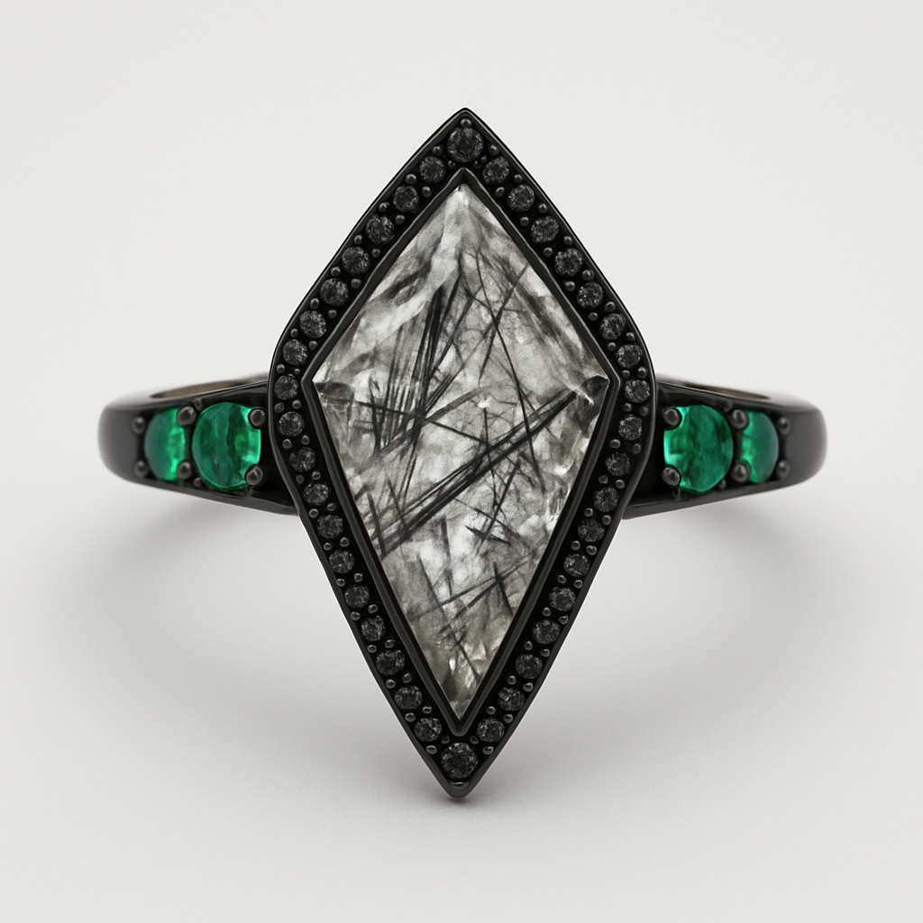 Black band, kite cut tourmalated quartz, emerald accent stones 3 on each side, second band black going around the kite stone with black stones