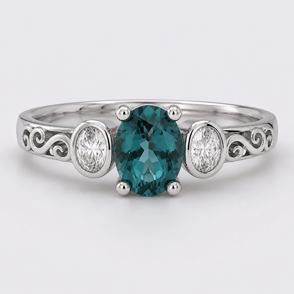 create an engagement ring with a 6x4 teal stone in the center and two 4x3 bezel set oval diamonds on each side of it. all in 14k white gold with scroll work on the side of the band but smooth on the top of the bezels. The 6x4 center stone set in four claw prongs.
photorealistic jewelry design, just the design, no text, 14k white gold engagement ring with a 6x4 teal stone in four claw prongs, and two 4x3 bezel set oval diamonds on each side. Scroll work on the band sides, smooth bezels.