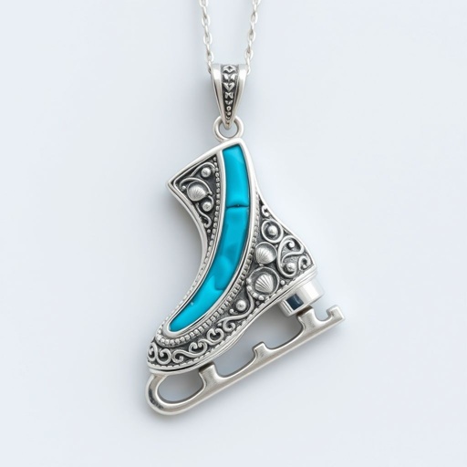 Silver Pendant shape one ice skate with turquoise stripe inside the low thin part blade