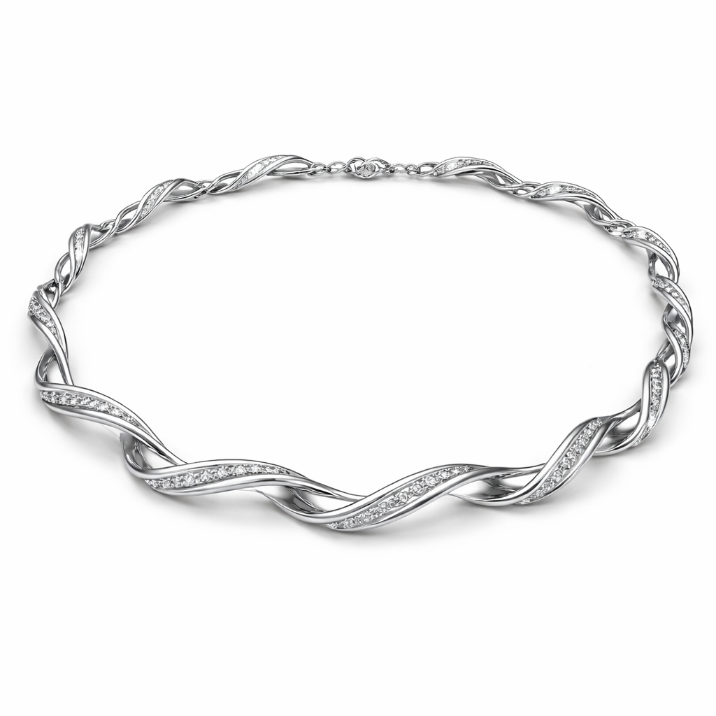 A twisted wire which is flat necklace with some small diamond on i,make ‘‘tis design with links to make it flexiblet