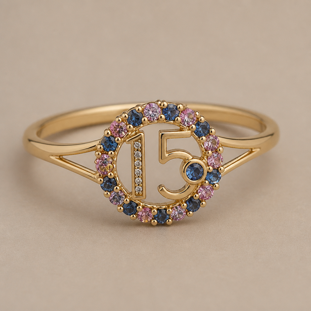 A bohemian women's ring made of gold, minimalist, simple and delicate, clean lines. um anel de 15 anos com inicial E com pedrinhas azul e pedrinhas rosa em volta
photorealistic jewelry design, A bohemian women's ring made of gold, minimalist, simple and delicate, clean lines. um anel de 15 anos com inicial E com pedrinhas azul e pedrinhas rosa em volta, bohemian style, just the design no text