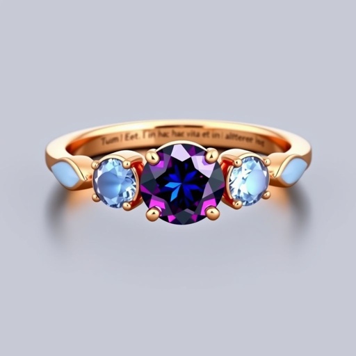 A simple rose gold engagement ring set with a circular alexandrite. Also set with a half moon blue chalcedony on one side, and a half moon moonstone set on the other side. On the inside of the band, it has an inscription reading, “Tuum. Et in hac vita et in altera.”