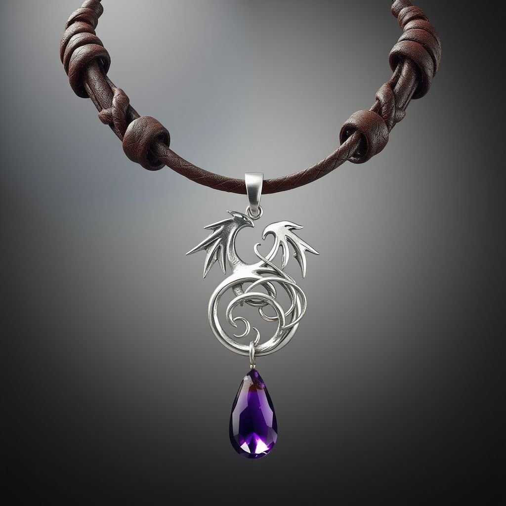 Creative stylish necklace on thick leather cord with big silver pendant and gemstone charm 