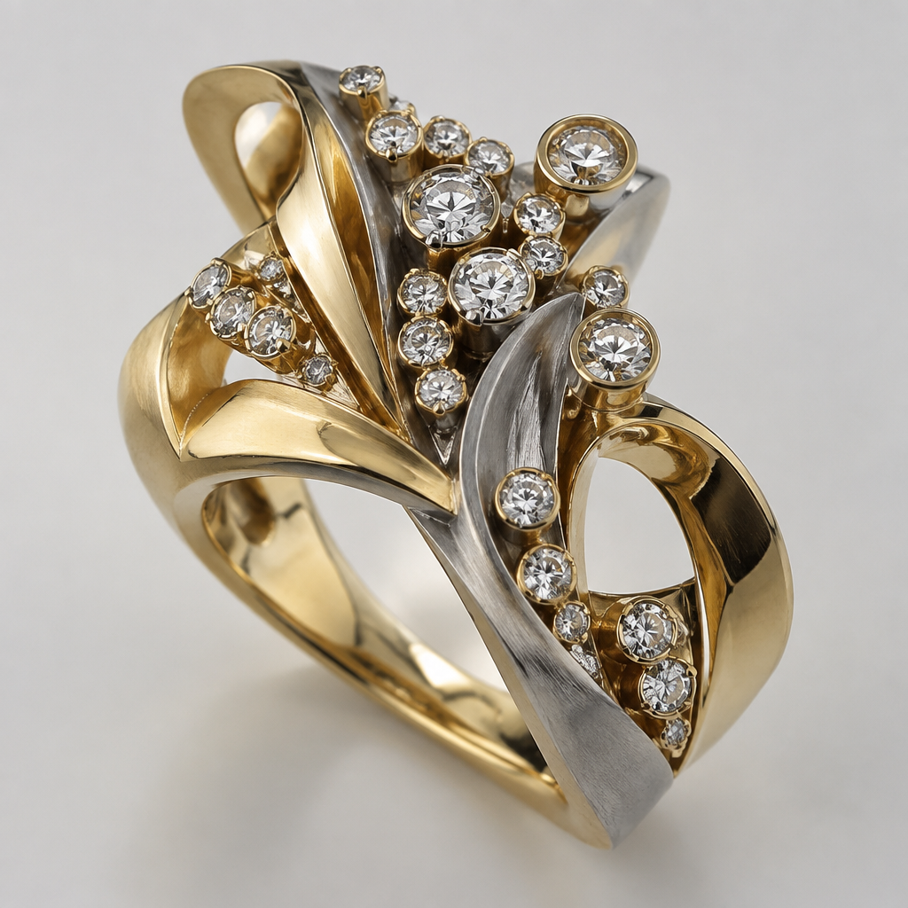 A avant-garde women's ring made of mixed metal with diamond stones. 34 cluster diamonds ranging in size, but no larger than .10 of a carat
photorealistic jewelry design, A avant-garde women's ring made of mixed metal with diamond stones. 34 cluster diamonds ranging in size, but no larger than .10 of a carat, avant_garde style, just the design no text