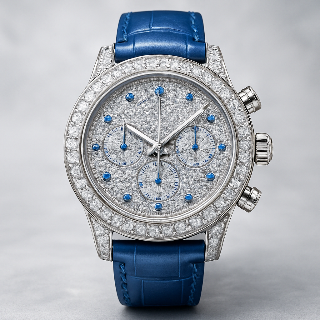 Design a 38 mm watch chronograph full of white and blue diamonds with blue strap 