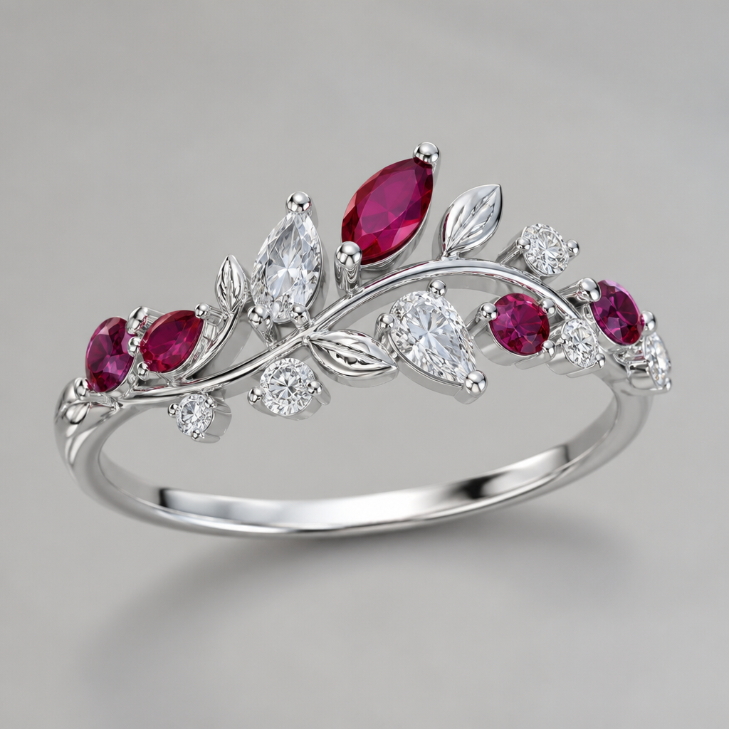A women's ring made of white gold with ruby and diamond stones. create a nature inspired anniversary ring that uses multiple cuts of stones
photorealistic jewelry design, A women's ring made of white gold with ruby and diamond stones. create a nature inspired anniversary ring that uses multiple cuts of stones, modern style, just the design no text