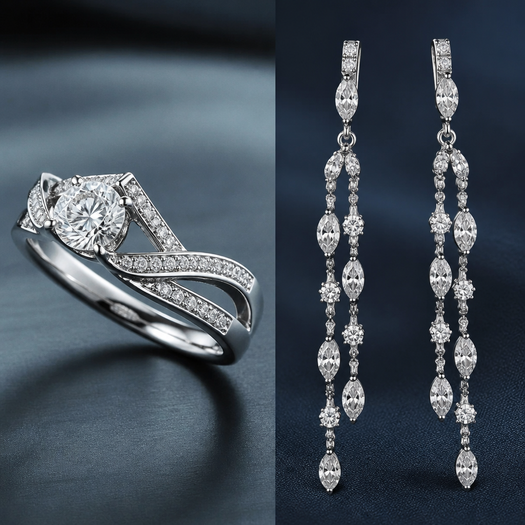 A women's ring. long diamond earrings
photorealistic jewelry design, A women's ring. long diamond earrings, modern style, just the design no text