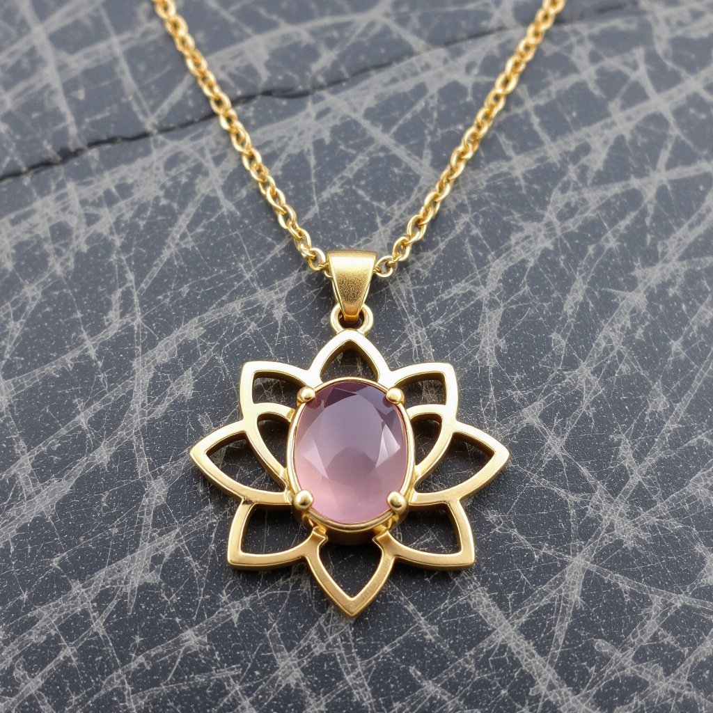 Золотая матовая цепочка. Подвеска матовая лотос шесть лепестков нижние лепестки крупнее верхних  не круглый . В сердце лотоса матовый розовый кварц овальный