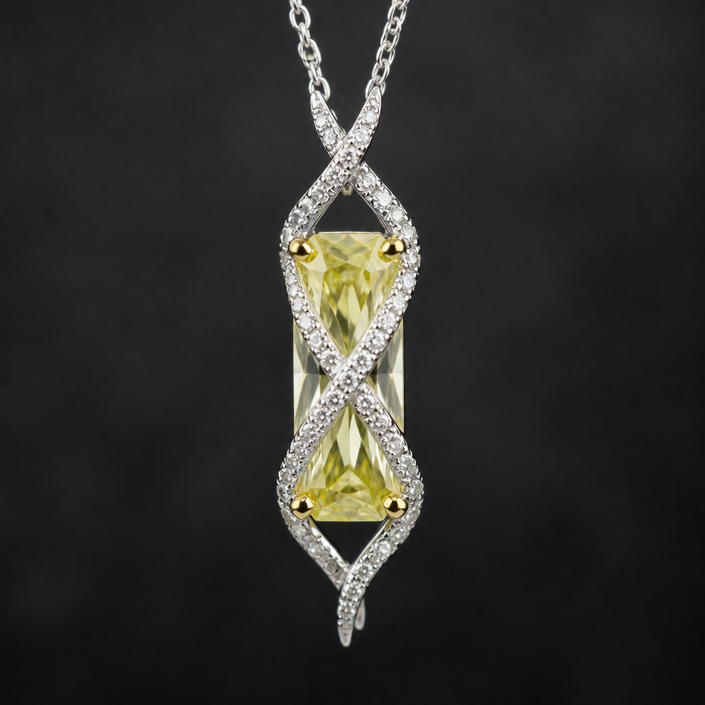 Give me an elongated radiant light yellow diamond positioned up and down. In front of the diamond have small white diamonds in two strands that criss cross like a dna helix
photorealistic jewelry design, Give me an elongated radiant light yellow diamond positioned up and down. In front of the diamond have small white diamonds in two strands that criss cross like a dna helix
, pendant style, just the design no text